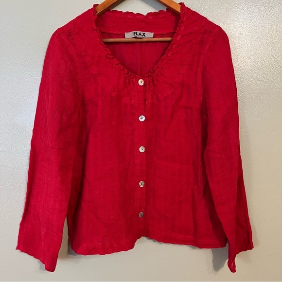 Flax Womens Red Linen Button Down Blouse Shirt  Textured Red  Size PS - Picture 1 of 11